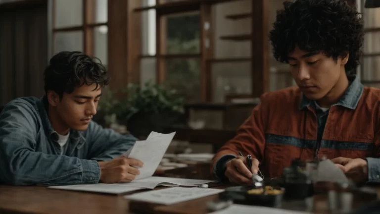 two individuals are sitting across from each other at a table, discussing documents.