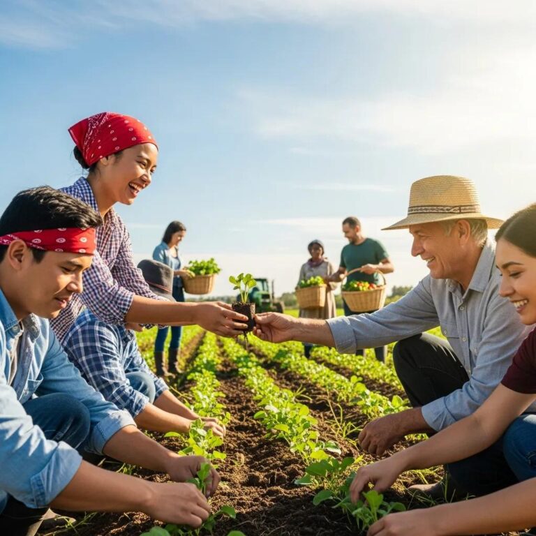 Diverse farm workers collaborating in a field, representing agricultural rights and community empowerment