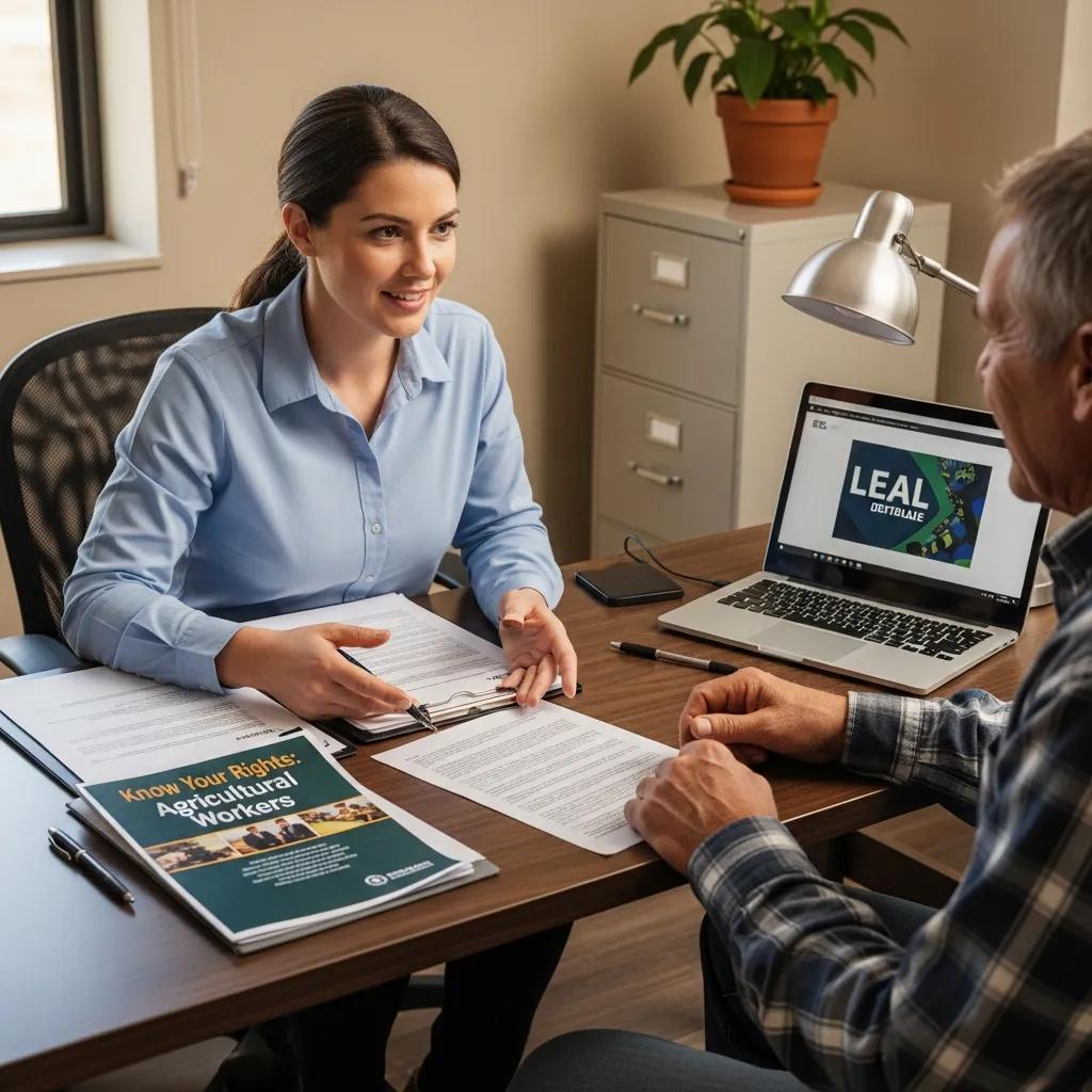 Discover Your Farm Worker Rights 3 Farm worker receiving legal aid assistance from a representative, emphasizing support and guidance
