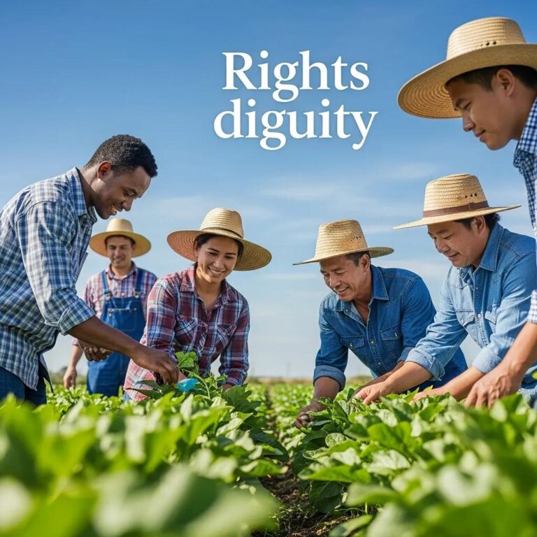 Diverse farm workers collaborating in a field, representing agricultural rights and community empowerment
